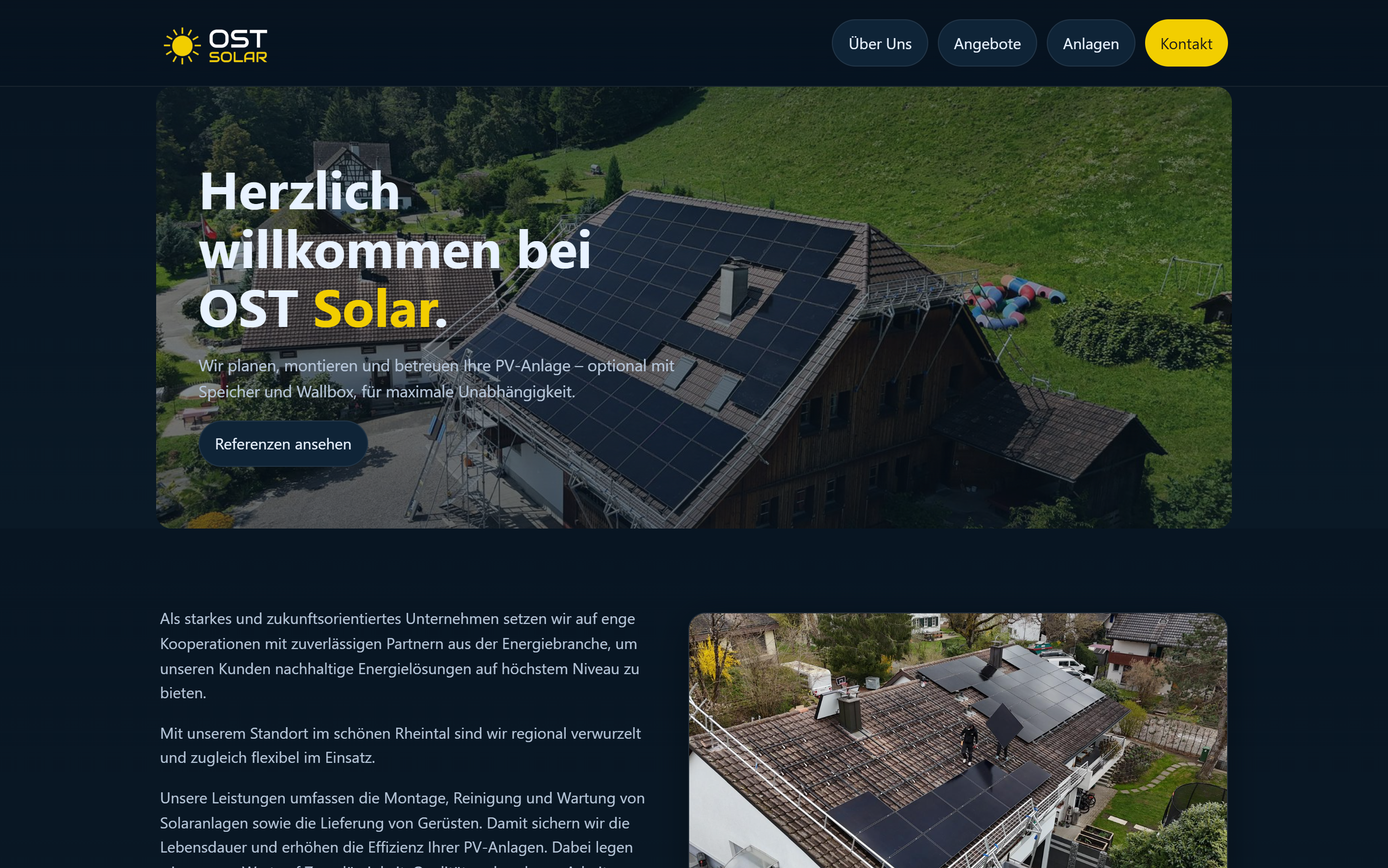 Startseite von ostsolar.ch auf dem Desktop: Solaranlage auf einem Bauernhaus, Titel „Herzlich willkommen bei OST Solar.“